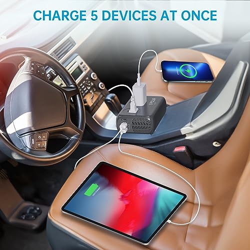 300W Car Power Inverter Pure Sine Wave with 60W PD USB-C, Power Inverters for Vehicles DC 12V to 110V AC, Car Inverter Power Outlet with XT60 Cable (Grey)