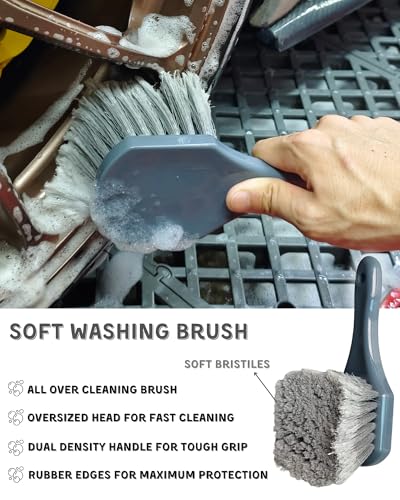 oesee 8PCS Pro Wheel Cleaning Kit - Synthetic Wool Brushes, Detailing Brush, Tire Brush, Wash Mitt, Drying Towel & Carry on Bag - Scratch-Free Rim Cleaning Kit - color: Grey & Black