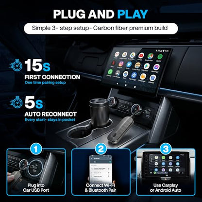 2026 Wireless CarPlay & Android Auto Adapter - Flexible Cable Prevents Port Damage, Dual-Band 2.4GHz+5GHz Fast & Stable Connection, USB A+C Adapter Included for 800+ Vehicles 2015-2026, Carbon Fiber