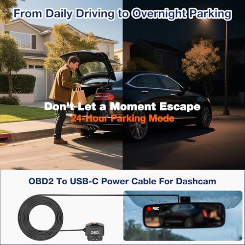 OBD2 to USB C Power Cable for Dash Cam,OBD Adapter Hardwire Kit Tpye-c with Low Voltage Protection(Auto-Cutoff 11.6V/23.4V), 24/7 Parking Mode,ACC Detection,Plus & Play Constant Power Cable (11.5FT)