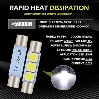 10 PCS Car T6 Vanity Mirror Sun Visor LED Light, 5050-3SMD 12V Flat Head Dual Tip 180 Degree Lighting Reading Lamp, Plug and Play Interior Lighting Kit, Suitable for Most Cars (White)