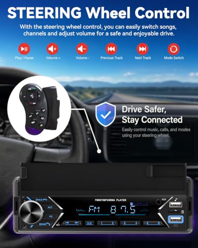 Single DIN Car Stereo Bluetooth Car Radio with FM/MP3/AUX Dual USB SWC Colorful Lights Phone Holder & Wireless MIC