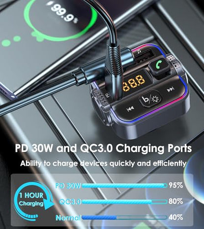 Bluetooth FM Transmitter for Car, PD 30W & QC3.0 Fast Charging, Dual Mics Hands-Free Calling, HiFi Bass & Ambient Light, Wireless Radio Adapter MP3 Music Player, Support USB Drive, 12V/24V (Pack of 3) - size: small (Pack of 3)
