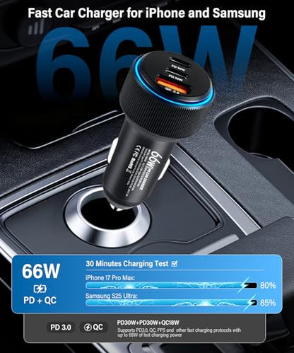 GaRhomxy 66W USB C Car Charger Fast Charging, 3-Port PD PPS/QC3.0 Cigarette Lighter Adapter for iPhone 17/16/15 Pro Max, Samsung S25/S24 Super Fast Charging, iPad, Android etc, Car Phone Accessories