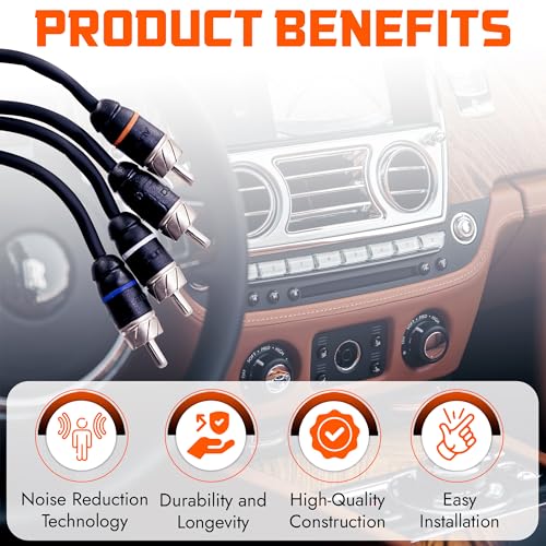 Elite Audio Premium Series 15ft. 4-Channel Car Audio RCA Cable – Double Shielded, Oxygen Free Copper, Noise Reducing Audio Cable for Amplifiers, Subwoofers, Speakers, and Processors – PRM415 - size: 15' (ft), style: 4-Channel