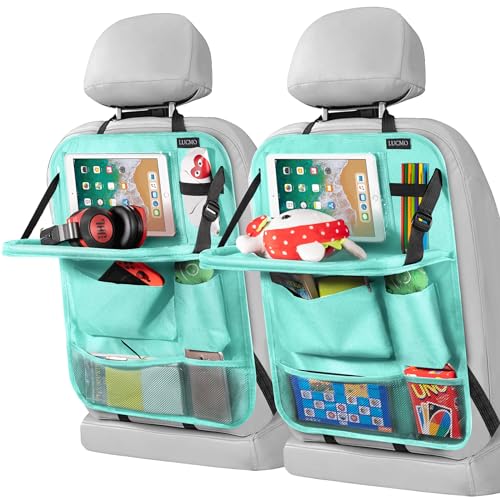 LUCMO Car Backseat Organizer with Foldable Tablet Holder, Light Blue - color: Light Blue-3, size: 2 Pack with Food Tray