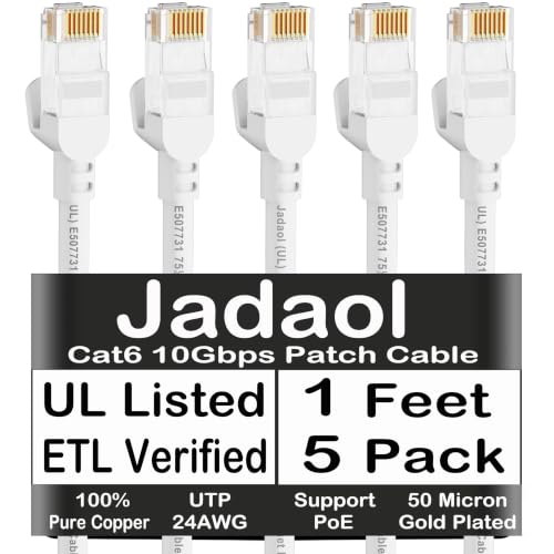 Jadaol [UL Listed] Cat 6 Ethernet Cable 1ft 5Pack 10Gbps 24AWG PoE++, White - color: White, size: 1ft, style: Round