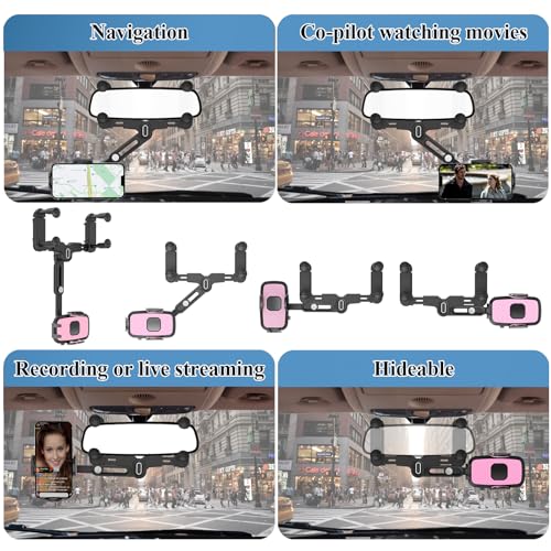Phone Mount for Car, Rear View Mirror Phone Holder, Rotatable and Retractable Car Phone Holder Mount Rearview Mirror Phone Holder for Car Compatible with iPhone Samsung Cell Phones (Pink) - style: Pink