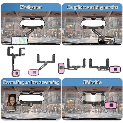 Phone Mount for Car, Rear View Mirror Phone Holder, Rotatable and Retractable Car Phone Holder Mount Rearview Mirror Phone Holder for Car Compatible with iPhone Samsung Cell Phones (Pink) - style: Pink