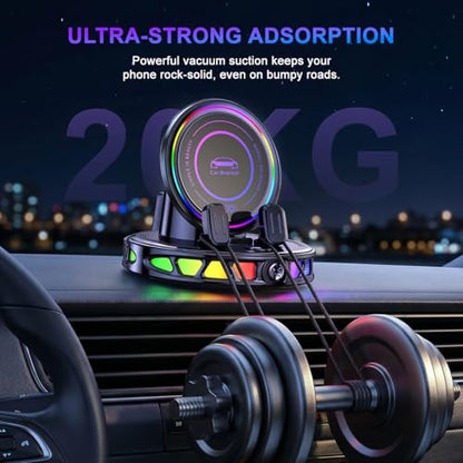 Wireless Car Charger Dashboard Phone Holder,15W Fast Charging One-Hand Operation Rotatable Bracket with RGB Light,Anti-Slip Navigation Mount with Strong Suction Cup, for Most Smart Phone