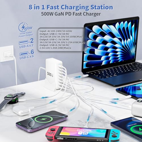 500W GaN USB C Charger Block Charging Station 8 Port Fast Charger Block with Dual 100W PD USB-C Fast Charging Station Hub Compatible with iPhone 17/16 15/14/13/Pro Max/MacBook Pro/Air/All iPad (White)
