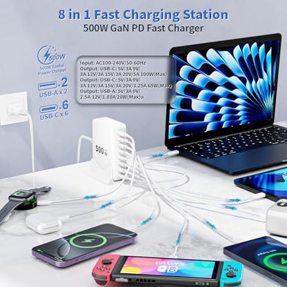 500W GaN USB C Charger Block Charging Station 8 Port Fast Charger Block with Dual 100W PD USB-C Fast Charging Station Hub Compatible with iPhone 17/16 15/14/13/Pro Max/MacBook Pro/Air/All iPad (White)