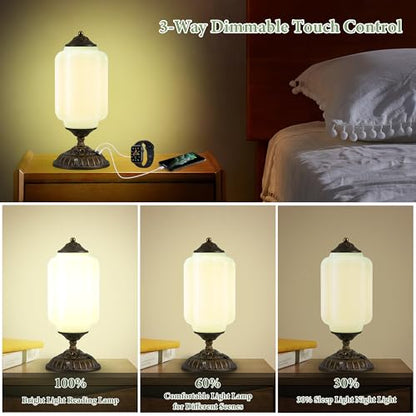 Green Milk Glass Touch Table Lamps Set of 2 - USB C+A Charging Ports - color: Green-2Pack