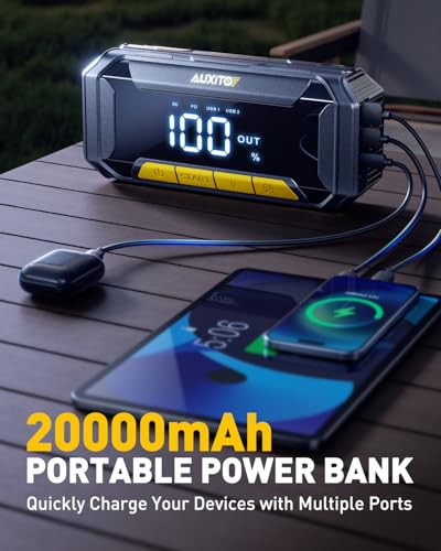 AUXITO 8000A Portable Jump Starter for All Gas/12L Diesel, 20000mAh Car Battery Booster Jump Pack, Jump Box for Car with 60W Fast Charging, LCD Screen Display, 700LM LED Light - size: 8000A