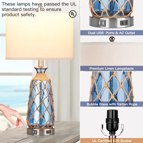 Ruzectt 25.5" Coastal Glass Table Lamps Set of 2, 3-Way Dimmable Touch Control Bedside Lamps with 2 USB Ports and AC Outlet, Blue Nautical Nightstand Lamps for Bedroom Living Room (LED Bulbs Included) - color: Blue