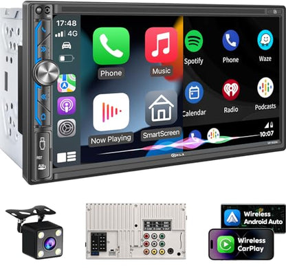 PLZ 7" Wireless Double Din Car Stereo Apple Carplay Radio Screen for Car Audio Receivers, Bluetooth 5.3 Car Play Android Auto Touchscreen, 240W 4.2 CHN 2 Subwoofers Outputs, Backup Camera, SWC, FM/AM - size: 7"