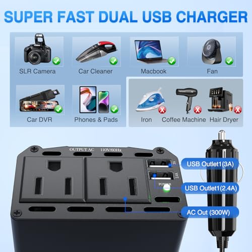 Nilight 300W Power Inverter with 5.4A Dual USB Ports and 2 AC Outlets - color: 300W USB*2 110V Outlet*2