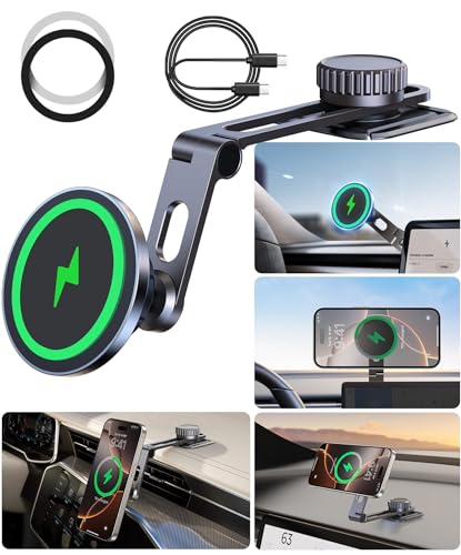 Tesla Phone Mount Qi2 Charger for iPhone MagSafe 【Hidden Foldable Design】 15W Wireless Charging, Universal Car Magnetic Dashboard Phone Holder, Tesla Model 3/Y/Cybertruck Accessories