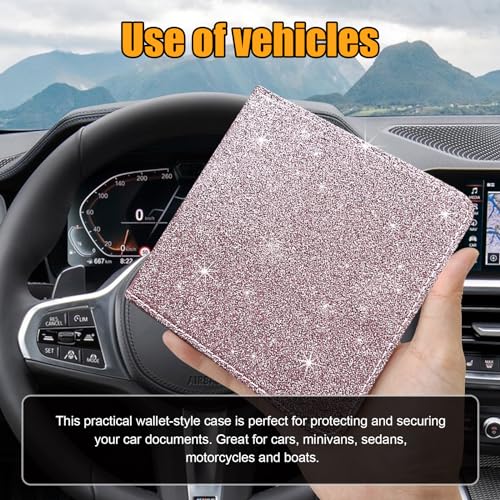 Kewucn Car Registration and Insurance Holder, Leather Auto Glove Box Organizer, Vehicle Compartment Accessories Case for Cards, Driver License & Essential Documents - color: Small-Glitter Pink