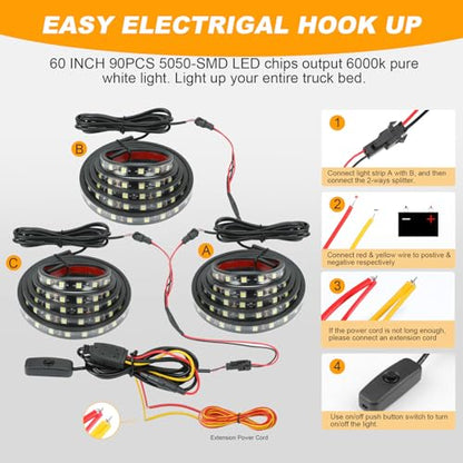 YUGUANG 3Pcs 60 Inch Truck Bed Lights, 6000K White Waterproof LED Truck Bed Lights Strip with On/Off Switch for Trucks, Cargo, Pickup, SUV