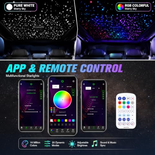 CHINLY 1000Pcs Split Starlight Headliner Kit, 4 Light Heads 0.02in 4.92ft RGBW Star Lights for Car, 16W Starlight Kit APP/Remote Control, Flexible Wiring for Car Roof Ceiling - size: Standard+1000pcs*0.02in*4.92ft
