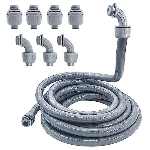 Liquid-Tight Conduit - 1/2inch 25 Foot Flexible Non Metallic Liquid Tight Electrical Conduit Kit, With 4 Straight and 3 90-Degree Conduit Connector Fittings.1/2" Dia - size: 1/2inch 25Ft