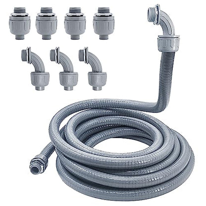 Liquid-Tight Conduit - 1/2inch 25 Foot Flexible Non Metallic Liquid Tight Electrical Conduit Kit, With 4 Straight and 3 90-Degree Conduit Connector Fittings.1/2" Dia - size: 1/2inch 25Ft