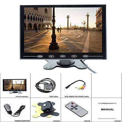 CAMECHO 9 Inch LCD Monitor HD Color Screen, 2 Video Input/HDMI/VGA, Support Car Backup, Mini PC Display, CCTV, Home Security, with Remote Control