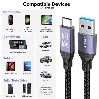 Android Auto USB Cable 1ft for Car CarPlay, USB 3.2 10Gbps Data Transfer 15W Fast Charging for iPhone 17/16/15 Google Pixel 10/9/8/7 Galaxy S26/S25/S24 - size: 1 Feet