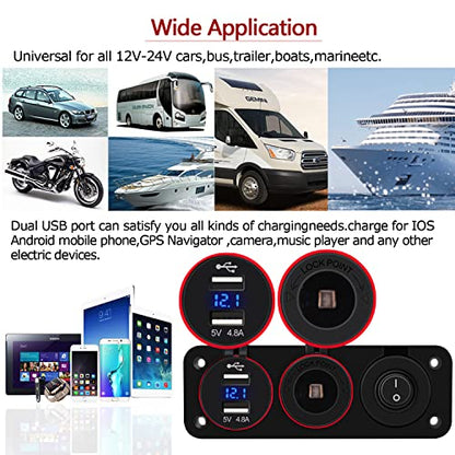 FXC 4 in 1 Marine Switch Panel, 12V 4.8A Dual USB Charger Socket Power Outlet & LED Voltmeter & Cigarette Lighter Socket & LED Lighted ON Off Rocker Toggle Switch for Truck Car Marine Boat RV