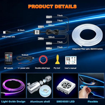Jushope Car Interior LED Lights, RGB Fiber Optic Ambient Lighting Kit - size: 6 LED/315 Inches Fiber Optic