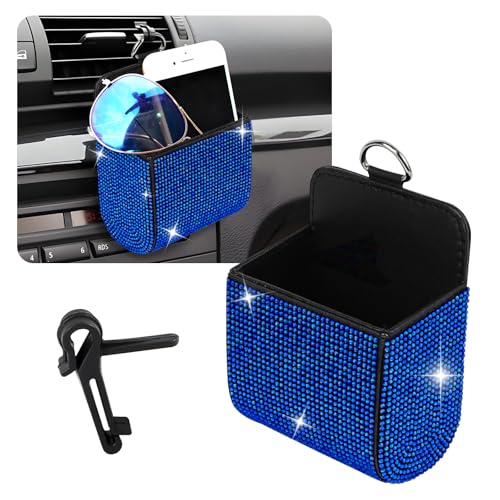 Car Vent Storage Organizer, Rhinestone Car Air Vent Leather Storage Pouch, Bling Automotive Hanging Bag Pocket Case, Universal Auto Mount Cell Phone Sunglasses Coin Holder (Blue) - color: Blue