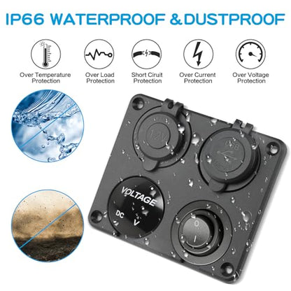 12V USB Charger Panel with PD 30W Ports& Dual QC3.0 18W: 4 in 1 Aluminum Waterproof RV USB Outlet, 150W Cigarette Lighter Socket, LED Voltmeter, Rocker Switch for Boat, Camper, Truck, Accessories