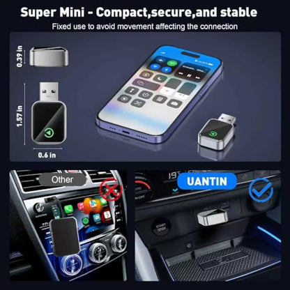 UANTIN Wireless CarPlay Adapter for Apple iPhone iOS 10+ & Cars from 2015+, Mini Edition, Converts Factory Wired to Wireless CarPlay Dongle Plug & Play, USB A/C
