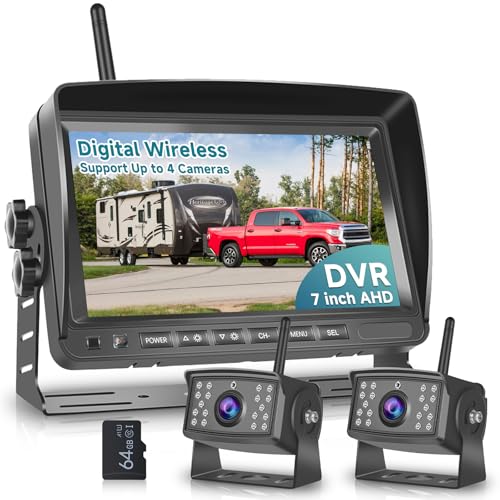 Wireless Backup Camera for RV, 7" IPS Monitor Kit+ 2 AHD Rear View Camera Waterproof Night Vision DVR Recording, Wireless Reverse Camera 12V-36V for Truck/Trailer/RV/Camper/Excavator/Caravan - color: 2 Cams with Loop Recording&64G card