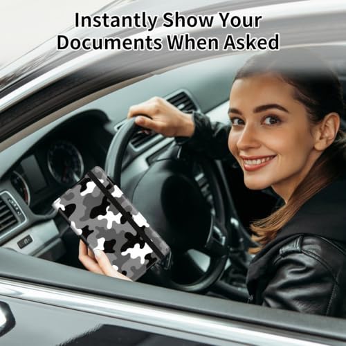 Car Registration & Insurance Card Holder Wallet, Camouflage Pattern Vehicle Document Folio for Glove Box, Auto License & ID Storage Case, Slim Multi-Slot Car Paper Organizer - color: Black White Gray Camouflage