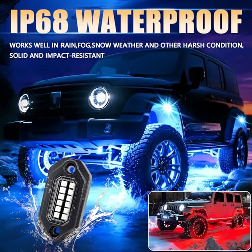 4 Pods RGB LED Rock Lights w/Bluetooth APP& Remote Control, Aluminum Housing, IP68 Waterproof for Boat Trucks Jeep UTV SUV ATV Golf Cart - size: 4 Pods