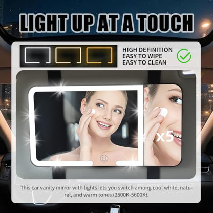 Car Mirror Vanity with 5X Magnification,Touch Control Car Sun Visor Vanity Mirror with 3 Light Modes,Rechargeable LED Mirrors for Cars with Long Battery Cars Interior Accessories