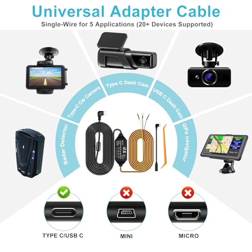 Dash Cam Hardwire Kit USB C, 12V-24V to 5V/3A Adapter Power Cable with Voltage Display, 24/7 Parking Mode, Acc Detection, 4-Level Low Voltage Protection (11.6V/11.9V/12.2V/12.5V)