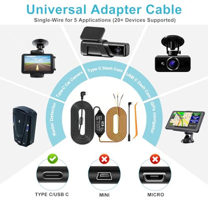 Dash Cam Hardwire Kit USB C, 12V-24V to 5V/3A Adapter Power Cable with Voltage Display, 24/7 Parking Mode, Acc Detection, 4-Level Low Voltage Protection (11.6V/11.9V/12.2V/12.5V)