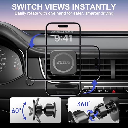 aetos for MagSafe Car Mount. Elegant Magnetic Air Vent Phone Holder with 20 Strong N52 Magnets & Metal Hook. Classic Minimalist Design for iPhone 17 16 15 14 13 12 Pro Max & MagSafe Cases