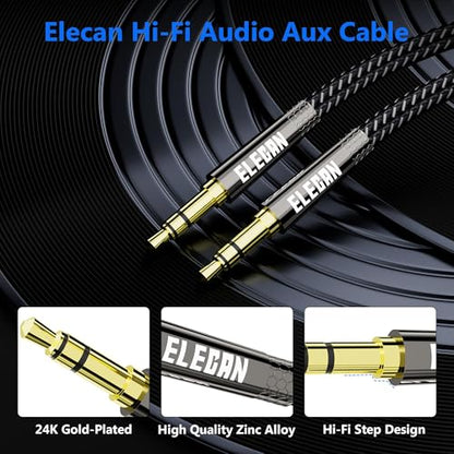 Elecan 3.5mm AUX Cable 50 Ft (Hi-Fi Sound-Zinc Alloy Case-OD 3.5MM-Ultra Slim&Soft) Auxiliary Stereo Audio Cable Braided 1/8 inch 3.5 mm AUX Cord for Headphones,Car,Home Stereos, Speaker,Phones - size: 50FT-1PK, style: Straight to Straight