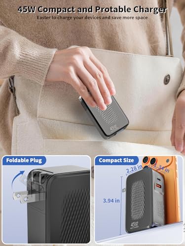 4 in 1 Retractable Phone Charger Wall Plug,45W Fast USBC Charging Adapter with 3.3FT Retractable USB C Cables,Foldable Charger Block with USB C and USB A Ports for iPhone 17/16/15/14,iPad,Galaxy,Pixel