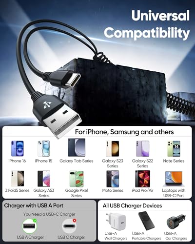 USB to USB C Coiled Car Charger Cable 3FT 2-Pack,CarPlay & Android Auto,60W - size: 3FT