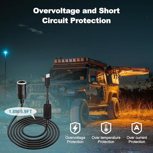 USB C to 12V Cigarette Lighter Adapter - 6.5ft USB C Male to 12V Car Socket Female Converter Cable for Dash Cam, Power Bank, GPS, LED Strips (12W Max)