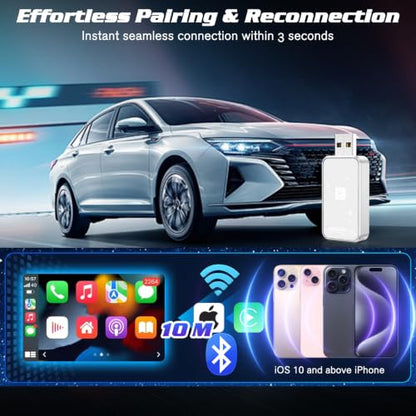 Mini Wireless Carplay Adapter for Apple for iPhone, 2026 Upgraded Convert Wired to Wireless Car Play Adapter,Fast Auto-Connect & No Latency Dongle,Plug & Play, USB A/C Included for iOS