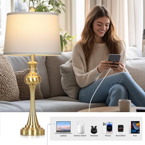 CINSARY Gold Table Lamp for Living Room, 29" Bedside Lamp with USB C+A - color: Gold
