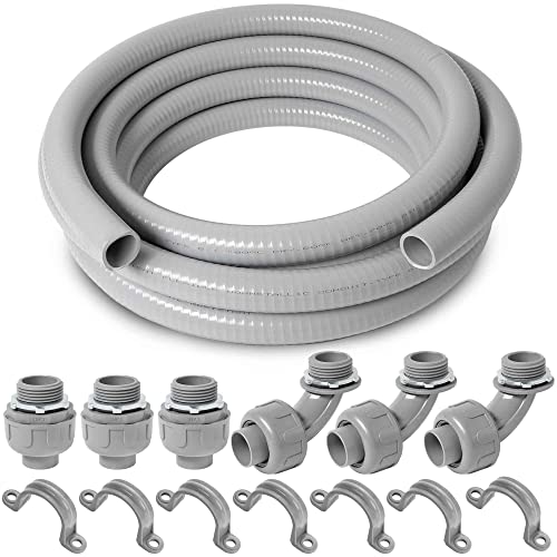 (1 inch Dia * 25 Feet) Yariwiz Flexible Electrical Conduit Liquid Tight PVC Conduit Kit with 3 PCS Coupling, 3 PCS Elbow and 7 PCS Strap, Sealtight Seal Flex Liquidtight Wire Outdoor Non Metallic Grey - style: 1"-25ft Kit-Grey