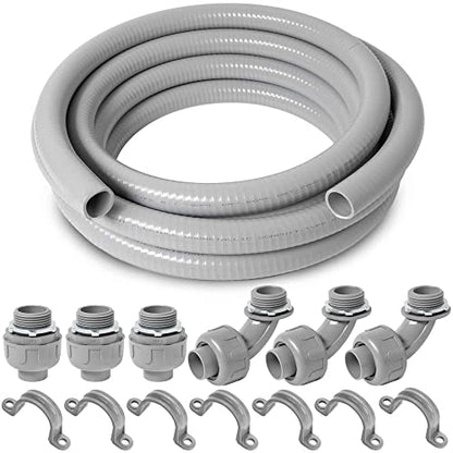 (1 inch Dia * 25 Feet) Yariwiz Flexible Electrical Conduit Liquid Tight PVC Conduit Kit with 3 PCS Coupling, 3 PCS Elbow and 7 PCS Strap, Sealtight Seal Flex Liquidtight Wire Outdoor Non Metallic Grey - style: 1"-25ft Kit-Grey