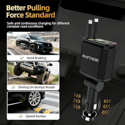 Retractable Car Charger with 31-Inch Cables 4 in 1 Fast Car Charger USB C Car Adapter with Starry Sky Light for iPhone 17 16 15 14 Car Accessories Gifts for Men Women Drivers (Black) - color: BLACK
